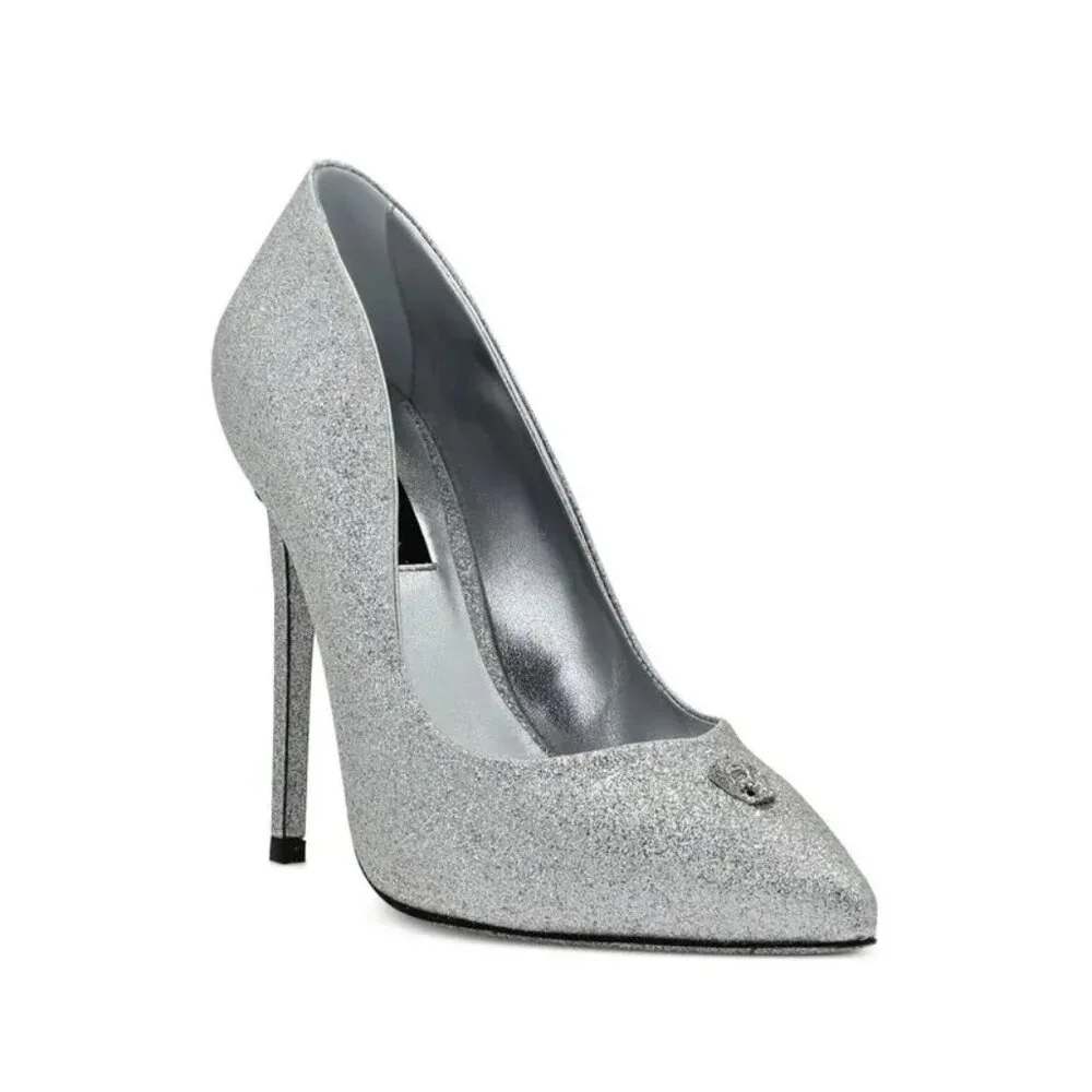 NIB $880 Philipp Plein 120mm Glitter Decollete Pumps Silver Size 9